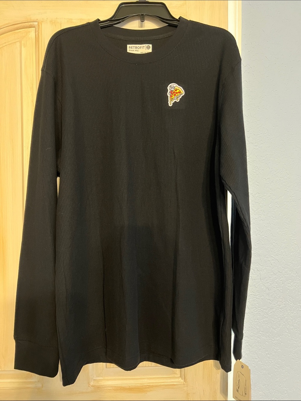 Retrofit Black Waffle Long Sleeve Tee with Pizza Patch